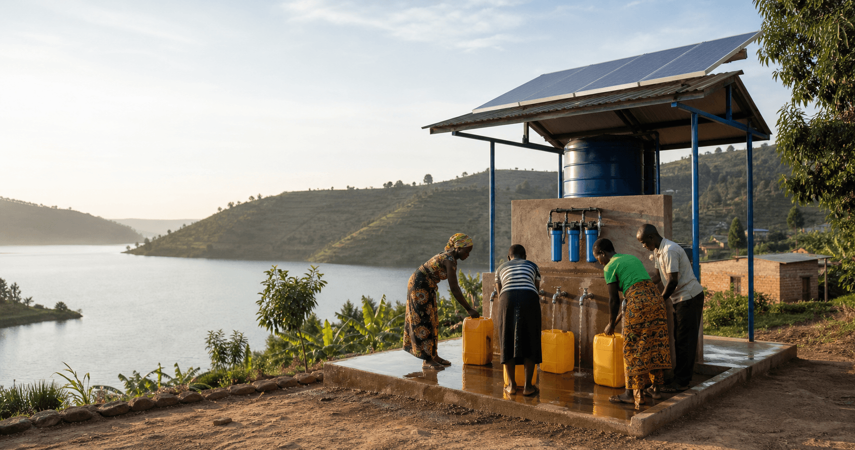 Solar-powered community water filtration kiosk near a Rwandan lakeshore.